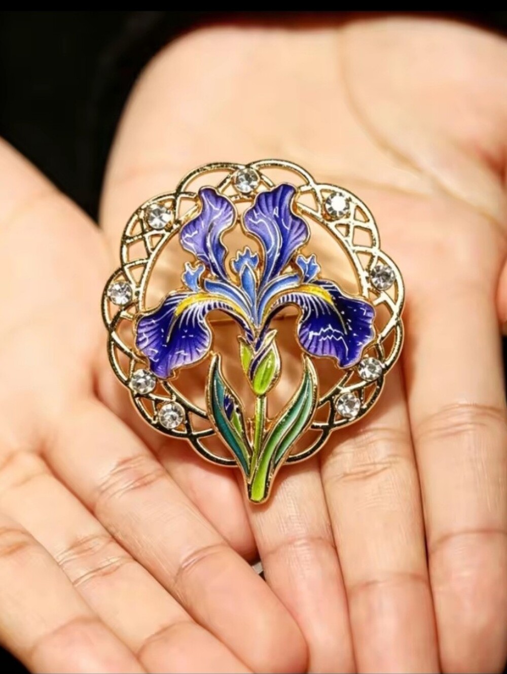 Blue Iris Flower Brooch Pin Gold Tone Enamel Crystal Floral Statement Jewelry
